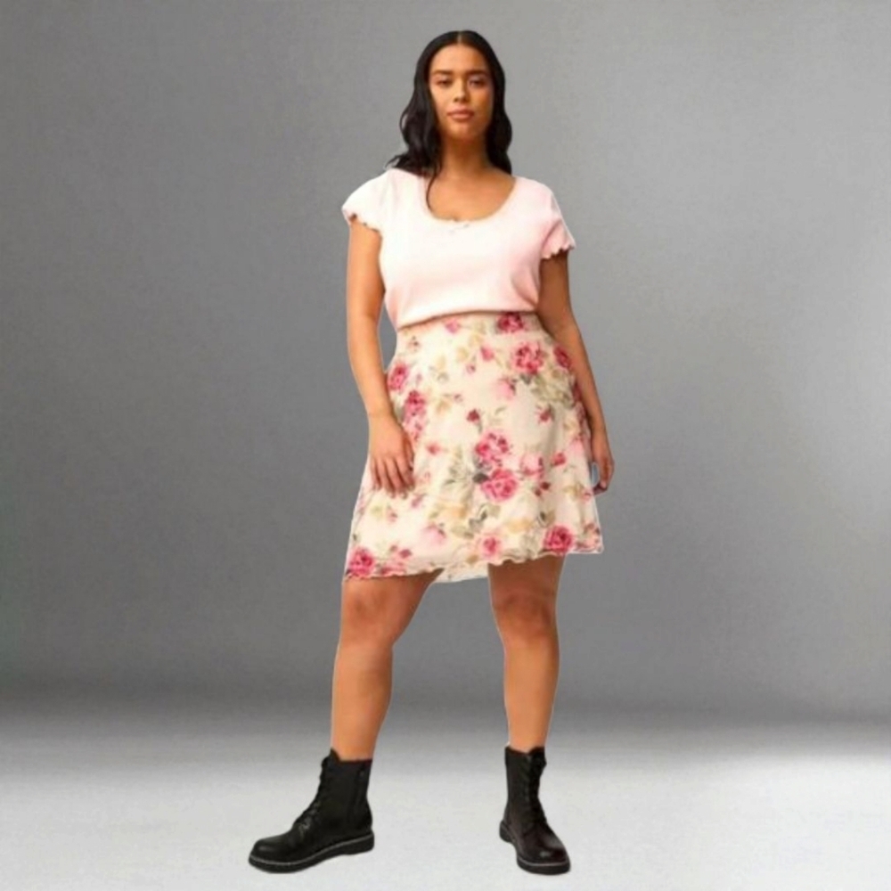 TORRID Plus Size Mesh A- Line Floral Fully Lined Rose Mini Skirt 3X